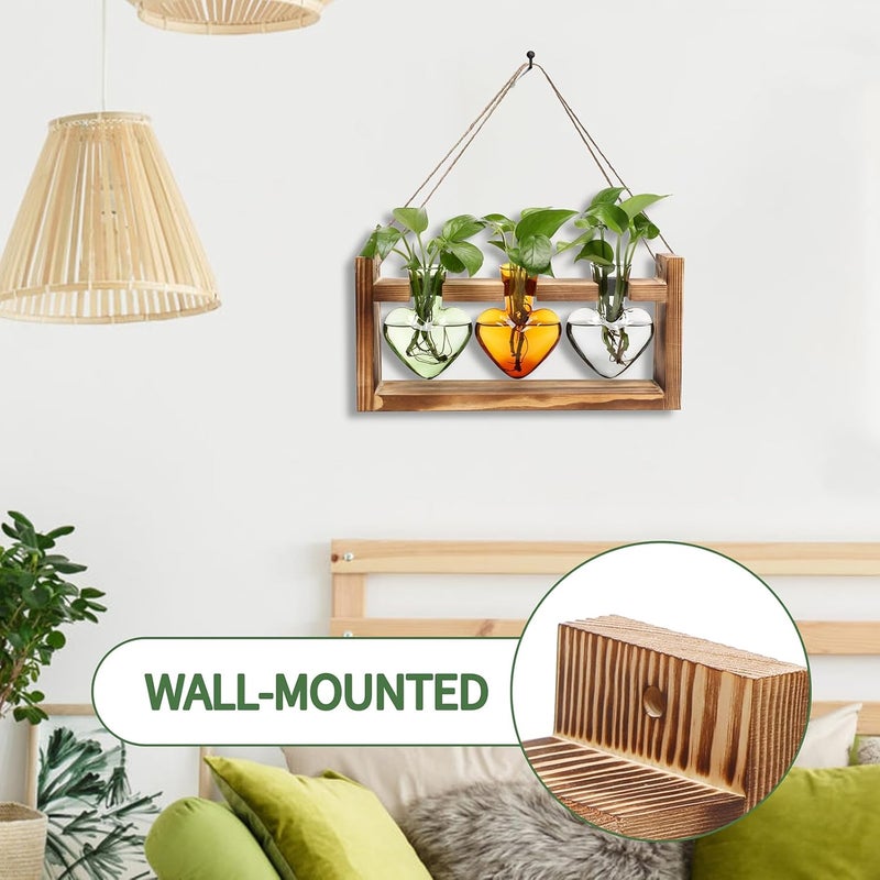 MTsigns Plant Terrarium Propagation Stations Hydroponics Home Garden Decoration Gift for Women with Wooden Stand Heart Shaped Colored Glass Vase - Image 3